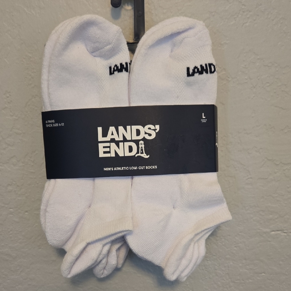 Lands' End Men's Low-Cut White Athletic Socks, Size Large 6-12